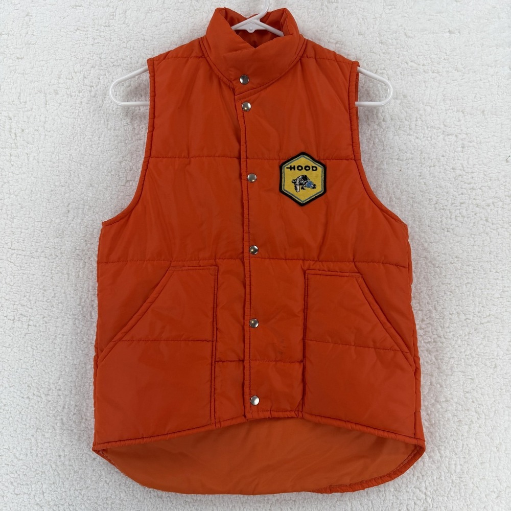 Vintage Hood Pla Jac Vest Mens 36 38 Orange Quilted‎ Puffer USA 70s Dunbrooke